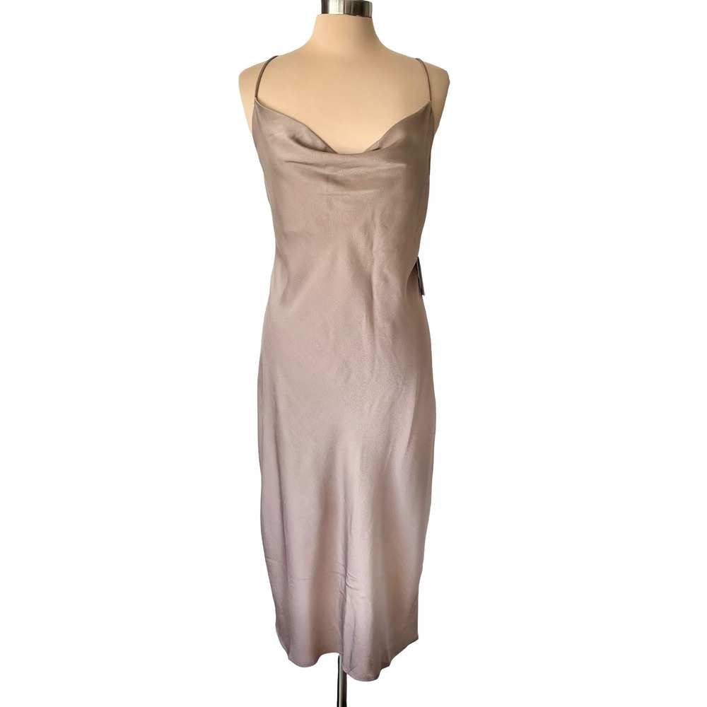 Mia Joy Taupe Satin Cowl Neck Midi Slip Dress Cross Back Cocktail Wedding Sz M